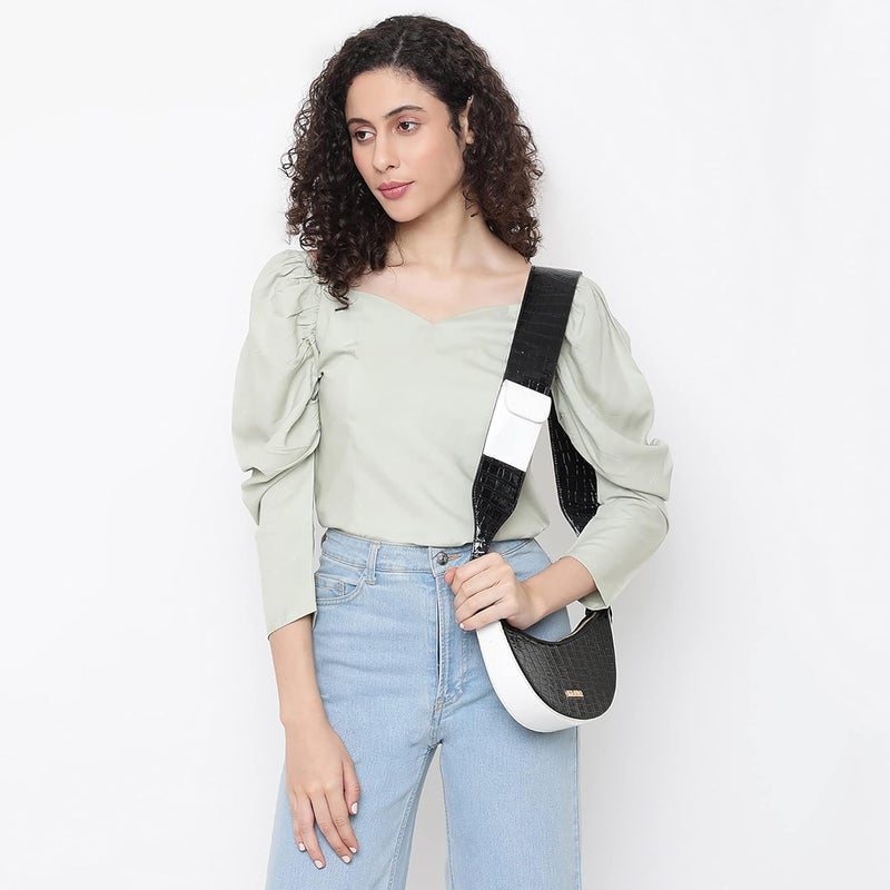 KLEIO Half Moon Croco Textured Sling Cross Body Bag with Pocket in Handle - Black - Image 3